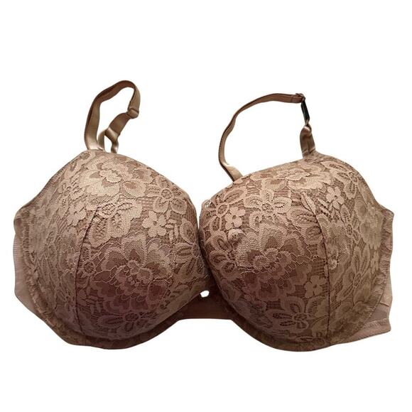 Victorias Secret Solid Beige Floral Lace Padded Underwire Pushup Bra Size 38DD - Picture 1 of 9